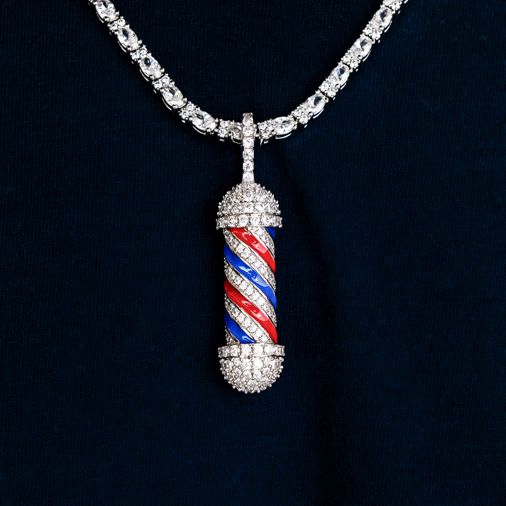 Real Sterling Silver Barber Shop Pole Simulated Diamond Pendant Charm Chain store Set