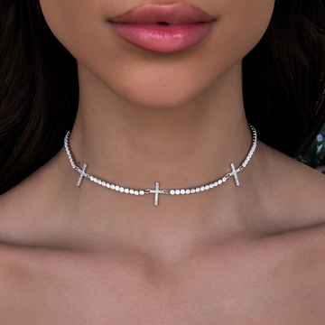 Micro Tennis Cross Necklace in White Gold