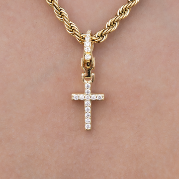 Iced Micro Cross Clip On Pendant in Yellow Gold