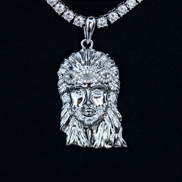 Large Diamond Crown Portrait of Jesus Pendant in White Gold