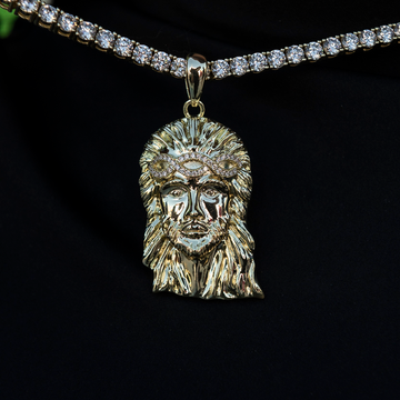 Large Diamond Crown Portrait of Jesus Pendant in Yellow Gold