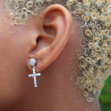 Diamond Studded Cross Earrings in White Gold